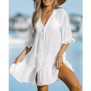 Летнее платье-рубашка с v-образным вырезом и рюшами. Элегантное женское повседневное солнцезащитное пляжное платье с прозрачными расклешенными рукавами и половиной рукава. Тонкие платья больших размеров 1037. S белый