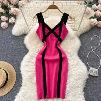 Летнее платье RUGOD, новое сексуальное трикотажное платье на бретельках контрастного цвета, тонкое платье средней длины в упаковке, на бедрах