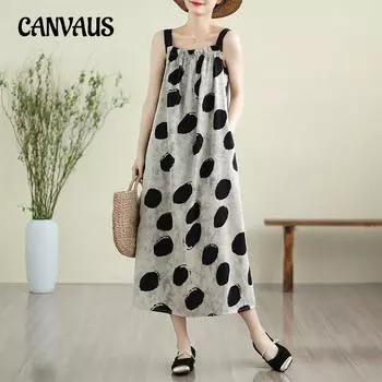 Летнее платье с бретельками больших размеров, женское свободное платье без рукавов, темпераментное длинное платье в горошек, платья в стиле ретро с принтом M зелёный