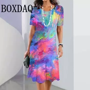 Летнее платье с цветным градиентом в стиле тай-дай, женское, с коротким рукавом и круглым вырезом, повседневная повседневная мода, свободное мини-платье А-силуэта 2024 S