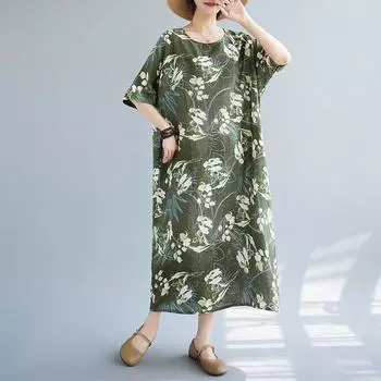 Летнее платье с цветочным принтом, длинное хлопковое льняное платье больших размеров, винтажное платье с круглым вырезом и коротким рукавом для женщин One Size зелёный
