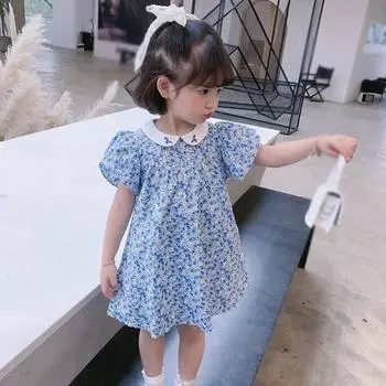 Летнее платье с цветочным принтом для маленьких девочек, милые платья с рукавами-лепестками и вышивкой, трапециевидные платья принцессы с воротником Питера Пэна, детская одежда, От 3 до 8 лет 13