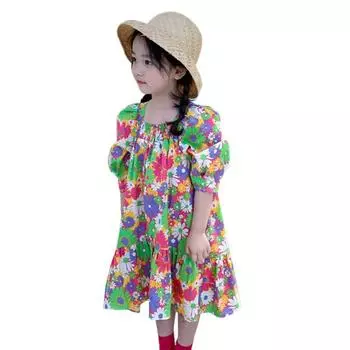 Летнее платье с цветочным принтом для маленьких девочек, пышные рукава, платья с рюшами по подолу, пляжное платье с квадратным вырезом, трапециевидные платья принцессы, детская одежда, от 3 до 8 лет 15