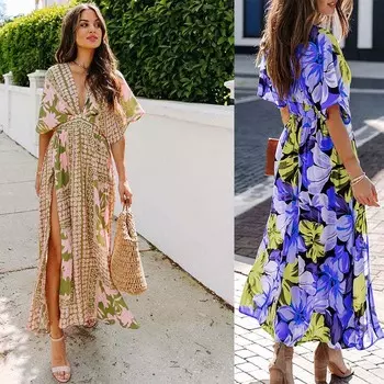 Летнее платье с цветочным принтом для женщин, элегантное 2023, свободные вечерние праздничные длинные платья с рукавами «летучая мышь» S синий