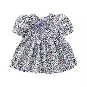 Летнее платье с цветочным принтом для маленьких девочек, пышные пляжные платья с короткими рукавами и морским побережьем, плиссированное платье на шнуровке спереди, детская одежда, От 3 до 8 лет 7