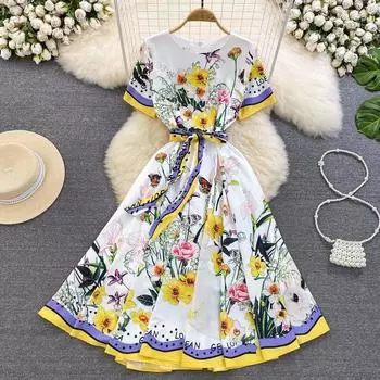 Летнее платье с цветочным принтом и кроликом, женское платье с коротким рукавом и круглым вырезом, с цветочным принтом и молнией, праздничные пляжные платья на шнуровке в стиле бохо L чёрный