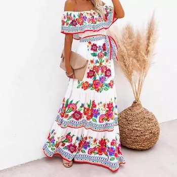 Летнее платье с цветочным принтом и высокой талией, женское платье с горизонтальными плечами S чёрный