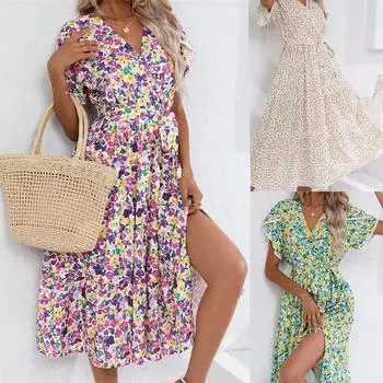 Летнее платье с цветочным принтом и длинной юбкой, короткий рукав, V-образный вырез, одежда S чёрный