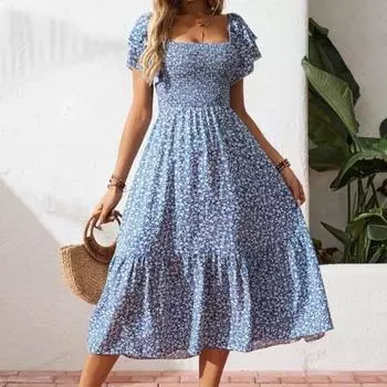 Летнее платье с цветочным принтом в богемном стиле, повседневное женское, с коротким рукавом, квадратным вырезом, праздничное, цельное S синий