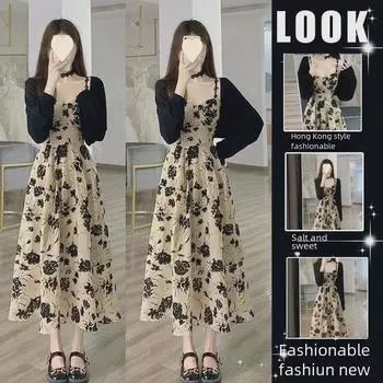 Летнее платье с цветочным принтом в стиле Хепберн и шикарный кардиган (2025) M