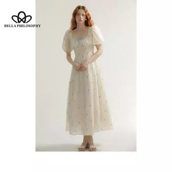 Летнее платье с цветочным принтом во французском стиле, длинное платье с квадратным воротником и вышивкой, платье с объемными рукавами, платье принцессы с бантом на талии для женщин S бежевый