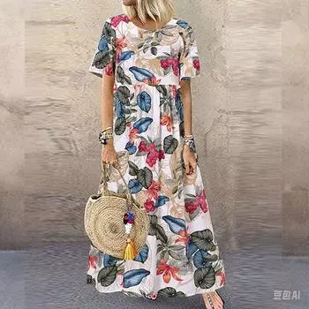 Летнее платье с цветочным принтом - женское платье макси с круглым вырезом, повседневное, с коротким рукавом, свободное, для пляжного отдыха S белый
