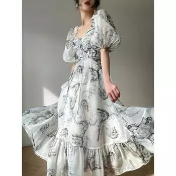 Летнее платье с цветочным принтом, женское сексуальное винтажное платье миди во французском стиле, повседневное корейское модное элегантное платье в стиле ретро, новинка 2024 года S серый