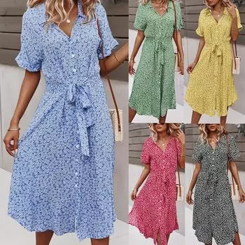 Летнее платье с цветочным принтом, женское повседневное платье с принтом, платья миди с v-образным вырезом, женское свободное платье на пуговицах с коротким рукавом, праздничное пляжное платье, Vestidos L чёрный