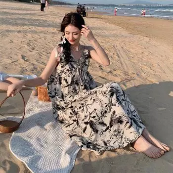Летнее платье с цветочным рисунком и тушью - французский стиль, свободный крой, длина до колена, пляжная одежда для женщин Small