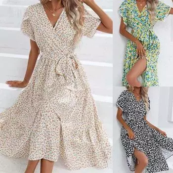 Летнее платье с длинным рукавом и длинным рукавом с цветочным принтом и v-образным вырезом S чёрный