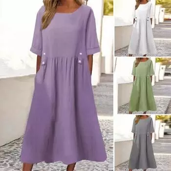 Летнее платье с карманами, круглым вырезом, свободной талией, короткими рукавами, длиной до икры, однотонное платье миди для работы, школы, свиданий M светло-зеленый