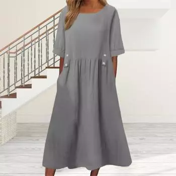 Летнее платье с карманами, круглым вырезом, свободной талией, короткими рукавами, длиной до икры, однотонное платье миди для работы, школы, свиданий M серый