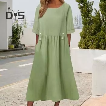 Летнее платье с карманами, круглым вырезом, свободной талией, короткими рукавами, длиной до икры, однотонное платье миди для работы, школы, свиданий M белый