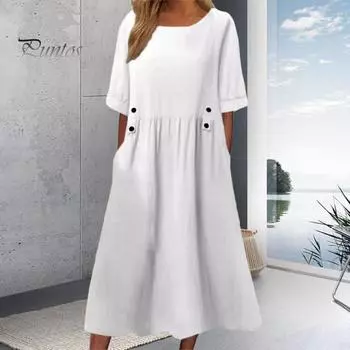 Летнее платье с карманами, круглым вырезом, свободной талией, короткими рукавами, длиной до икры, однотонное платье миди для работы, школы, свиданий M серый