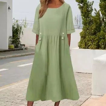 Летнее платье с карманами, круглым вырезом, свободной талией, короткими рукавами, длиной до икры, однотонное платье миди для работы, школы, свиданий M серый