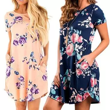 Летнее платье с карманами с цветочным принтом Летняя тонкая рубашка с короткими рукавами и короткой юбкой с большим подолом L