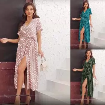 Летнее платье с коротким рукавом и V-образным вырезом в стиле бохо с принтом в горошек S зелёный