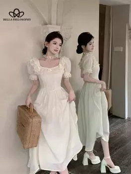 Летнее платье с коротким рукавом во французском стиле с цветочным узором, длинное сладкое платье феи S абрикосовый