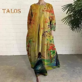 Летнее платье с круглым вырезом, длинным рукавом и цветочным принтом, трапециевидной формы, пуловер с большим подолом, длиной до щиколотки, с боковыми карманами, женское повседневное повседневное платье, макси-платье S жёлтый