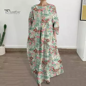 Летнее платье с круглым вырезом, длинным рукавом и цветочным принтом, трапециевидной формы, пуловер с большим подолом, длиной до щиколотки, с боковыми карманами, женское повседневное повседневное платье, макси-платье S жёлтый