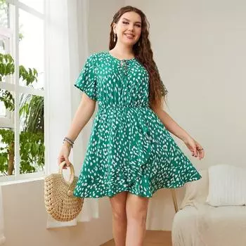 Летнее платье с круглым вырезом и коротким рукавом с цветочным принтом для женщин с высокой талией, тонкое удобное дышащее легкое платье, повседневное модное платье больших размеров XL зелёный