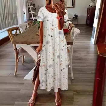 Летнее платье с круглым вырезом и короткими рукавами с цветочным принтом для повседневной носки на открытом воздухе Повседневные платья S белый