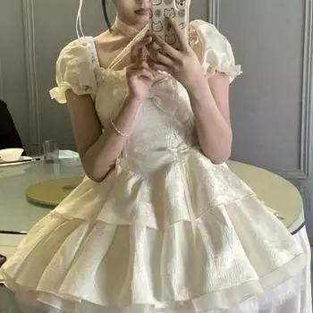 Летнее платье с кружевным бантом и пышным платьем с нежной талией L чёрный