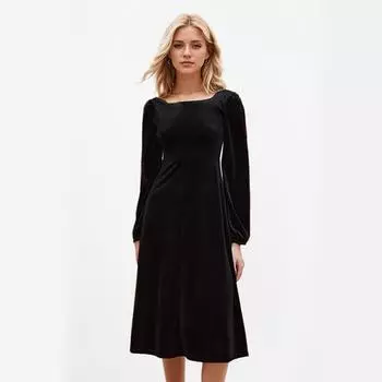 Летнее платье с квадратным воротником, длинными рукавами и заниженной талией, однотонное, темпераментное M чёрный