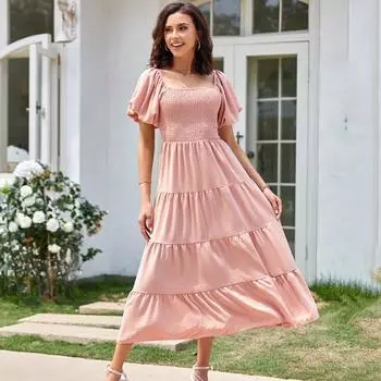 Летнее платье с квадратным вырезом и пышными рукавами, женское плиссированное винтажное элегантное платье трапециевидной формы, женское облегающее модное повседневное платье с оборками, женская одежда 1042 S армия зеленый