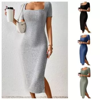 Летнее платье с квадратным вырезом, облегающей юбкой средней длины, короткими рукавами и разрезом S чёрный