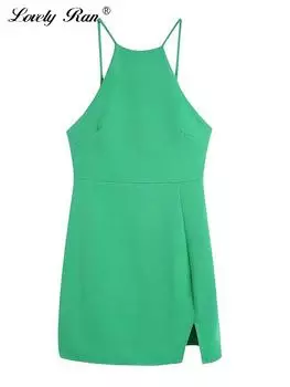 Летнее платье с лямкой на шее, женское зеленое платье-комбинация без рукавов, мини-платья, женские элегантные женские платья с разрезом по бокам и открытой спиной, Vestidos XS зелёный
