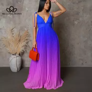 Летнее платье с открытой спиной и бретельками, градиентное длинное платье, платья, длинное платье, коктейльное платье S синий
