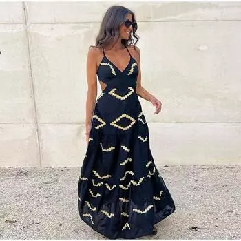 Летнее платье с открытой спиной и рукавами, сексуальный V-образный вырез, высокая талия, бретельки, женские платья 2025 года, новое пляжное платье для отдыха S чёрный