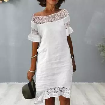 Летнее платье с открытыми плечами без бретелек с короткими рукавами и рюшами, вязаное крючком, кружевное шитье, праздничное мини-платье, уличная одежда 2XL белый