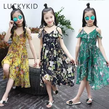 Летнее платье с открытыми плечами для девочек, детское синее шифоновое платье без рукавов в богемном стиле с цветочным рисунком, одежда для девочек 6-16 лет 5-6 Years зелёный