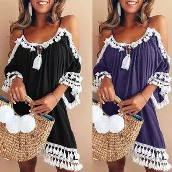 Летнее платье с открытыми плечами и кисточками с вырезом, модная рубашка на подтяжках в сочетании с кружевной женской рубашкой, сексуальная рубашка с открытыми плечами, топ S чёрный
