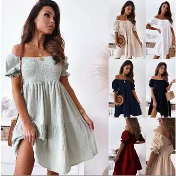 Летнее платье с открытыми плечами и короткими рукавами, повседневные свободные мини-платья S белый