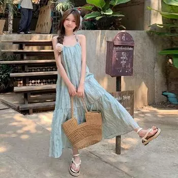 Летнее платье с подтяжками на бретельках 2025: Нежная, свободная юбка А-силуэта для нового праздничного стиля M мятный зеленый