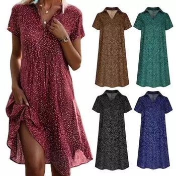 Летнее платье с принтом в горошек, короткие рукава, свободное платье-рубашка А-силуэта с V-образным вырезом, длиной до колена, миди-платье для свиданий, путешествий, отпуска S красный