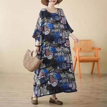 Летнее платье с принтом в стиле ретро для женщин среднего возраста, с круглым вырезом и короткими рукавами, свободное, большого размера, с открытыми плечами, платья one size