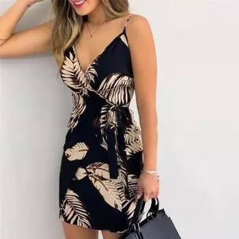 Летнее платье с принтом в виде цветочных листьев и облегающим женским платьем на тонких бретельках в стиле бохо-пляжная одежда XL оранжевый