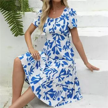 Летнее платье с принтом, женское повседневное шифоновое платье трапециевидной формы с коротким рукавом и квадратным воротником с оборками средней длины L чёрный