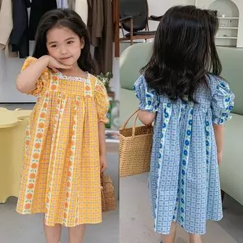 Летнее платье с пышными рукавами и цветочным принтом на талии для девочек 7