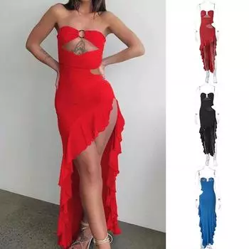 Летнее платье с разрезом Платье для пикантной девушки Женская одежда Без рукавов Нерегулярная грудь Топ-труба S синий